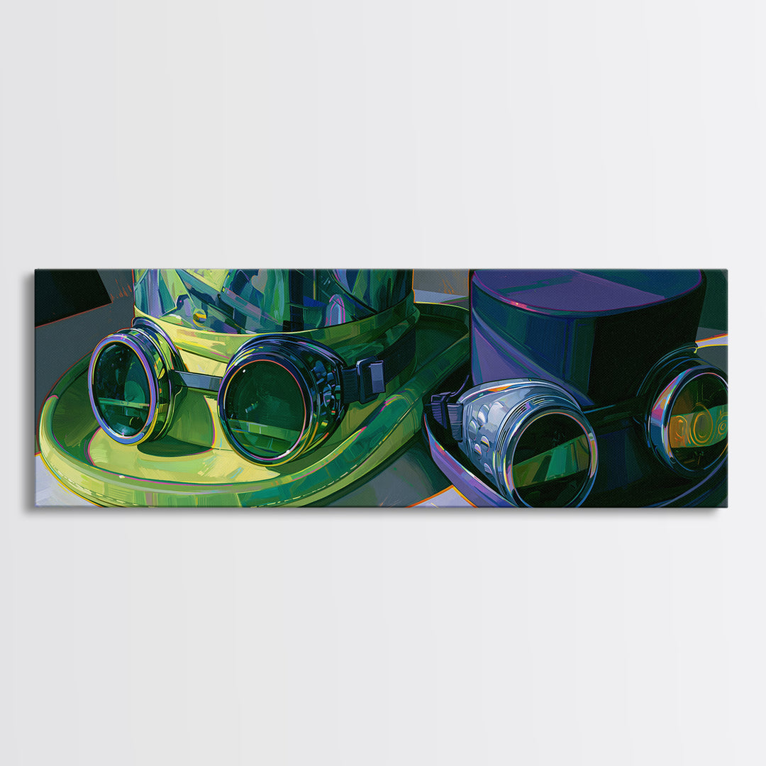 Top Hat and Goggles Still Life Canvas Print, Steampunk Art, Steampunk Decor, Living Room Decor, Fine Art, Mechanic, STE-3x1-20