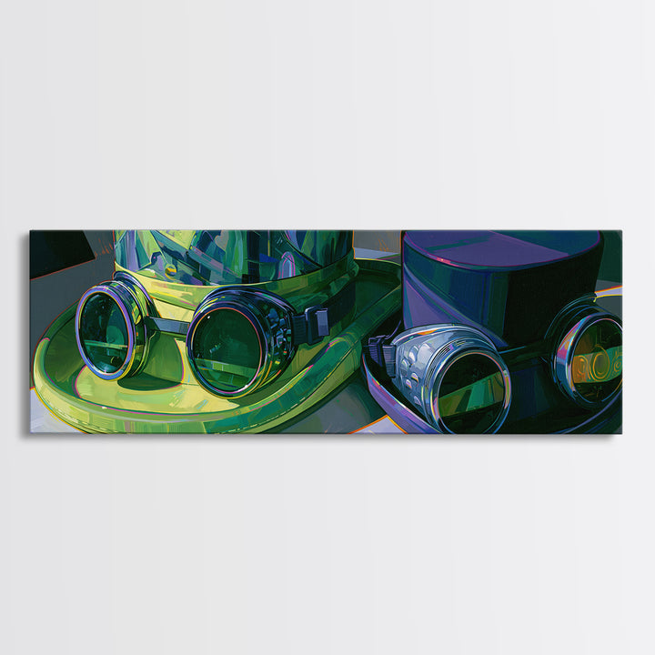 Top Hat and Goggles Still Life Canvas Print, Steampunk Art, Steampunk Decor, Living Room Decor, Fine Art, Mechanic, STE-3x1-20