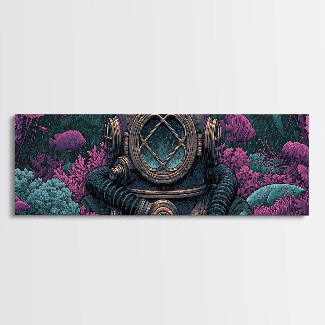 Brass Diving Helmet Framed Canvas Print, Steampunk Art, Dark Art, Living Room Decor, Oil Painting, Mechanic, Minimalist Decor, STE-3x1-28