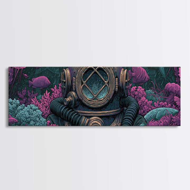 Brass Diving Helmet Framed Canvas Print, Steampunk Art, Dark Art, Living Room Decor, Oil Painting, Mechanic, Minimalist Decor, STE-3x1-28