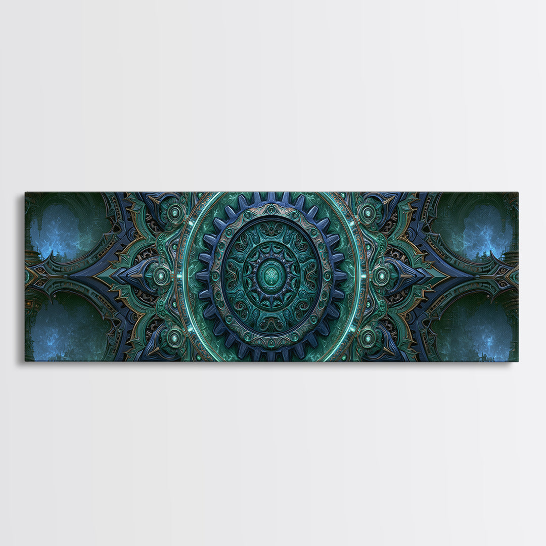 Cogwheel Mandala in Bronze and Teal Framed Canvas Print, Steampunk Art, Abstract Art Print, Living Room Decor, Watercolor Art, STE-3x1-32