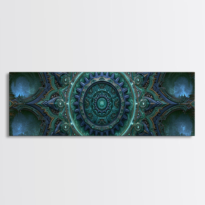 Cogwheel Mandala in Bronze and Teal Framed Canvas Print, Steampunk Art, Abstract Art Print, Living Room Decor, Watercolor Art, STE-3x1-32