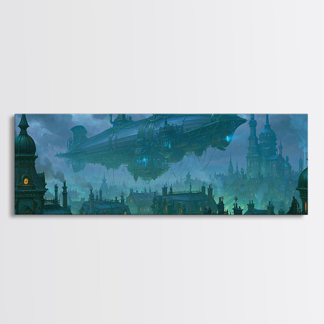 Airship Floating Above Victorian City Roofs Canvas Print, Steampunk Art, Whimsigoth Decor, Living Room Decor, Mechanic, STE-3x1-42