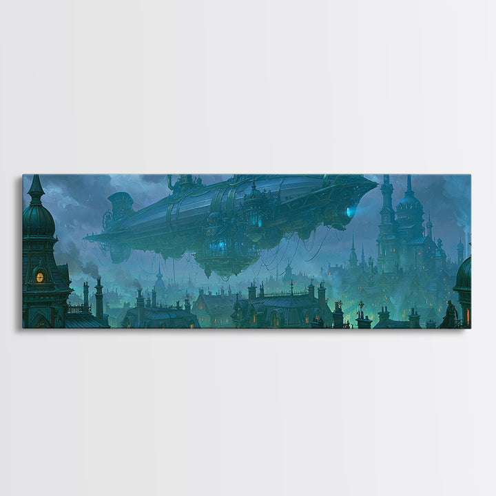 Airship Floating Above Victorian City Roofs Canvas Print, Steampunk Art, Whimsigoth Decor, Living Room Decor, Mechanic, STE-3x1-42
