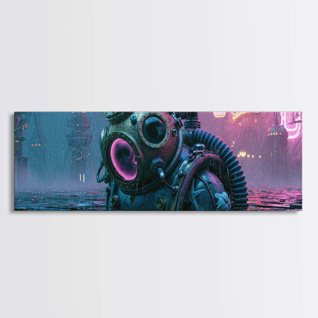 Brass Diving Helmet Framed Canvas Print, Steampunk Art, Living Room Decor, Abstract Art, Mechanic, Art Nouveau, STE-3x1-52