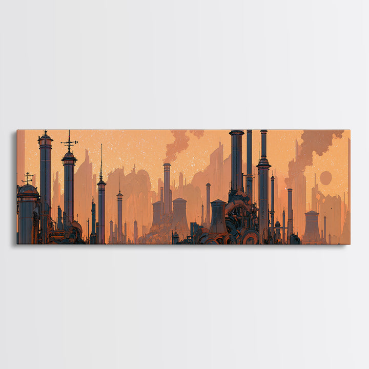 Steam Powered City Skyline Canvas Print, Steampunk Art, Dark Art, Living Room Decor, Abstract Art, Mechanic, Minimalist Decor, STE-3x1-61