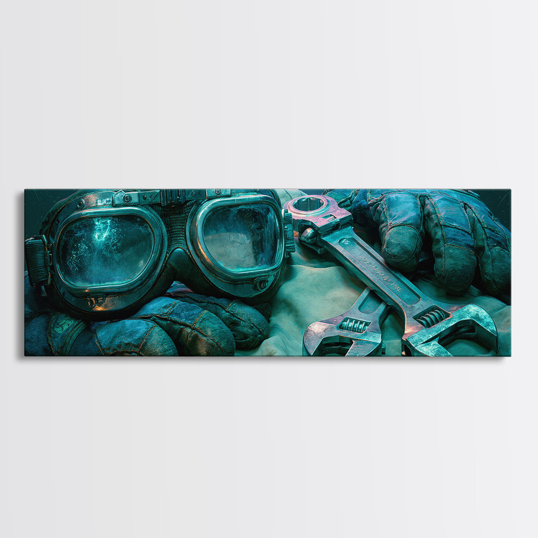 Goggles Gloves and Wrench Still Life Framed Canvas Print, Steampunk Art, Contemporary Art, Living Room Decor, Mechanic, STE-3x1-63