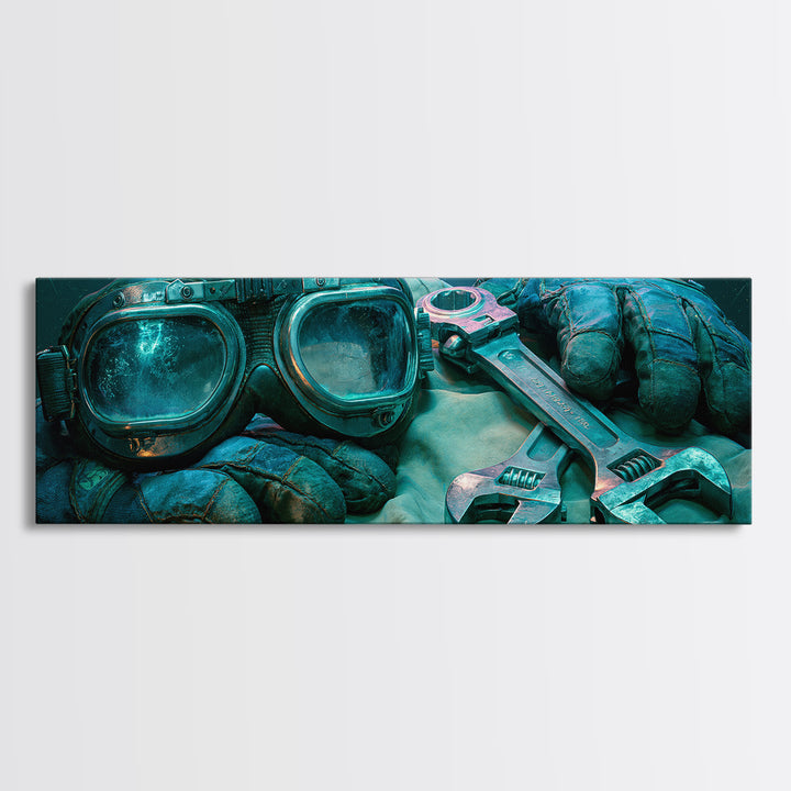 Goggles Gloves and Wrench Still Life Framed Canvas Print, Steampunk Art, Contemporary Art, Living Room Decor, Mechanic, STE-3x1-63