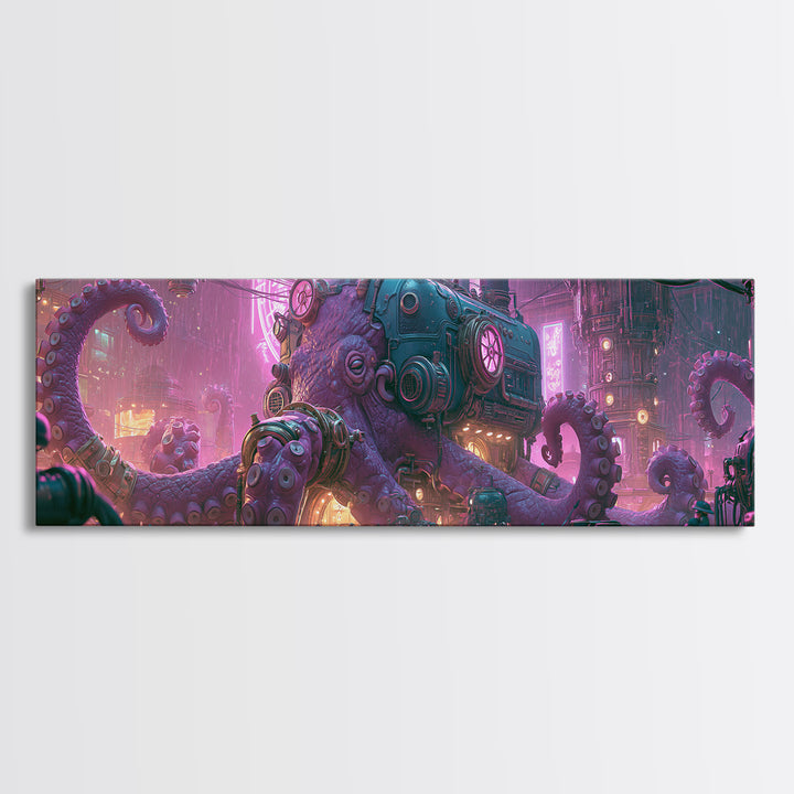Steampunk Octopus with Brass Tentacles Framed Canvas Print, Steampunk Art, Gallery Decor, Living Room Decor, Fine Art, Mechanic, STE-3x1-69