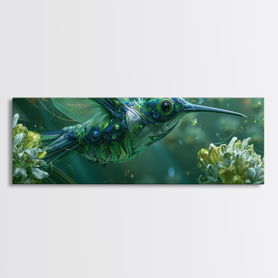 Mechanical Hummingbird Hovering Near Flower Framed Canvas Print, Steampunk Art, Neutral Decor, Living Room Decor, Oil Painting, STE-3x1-73