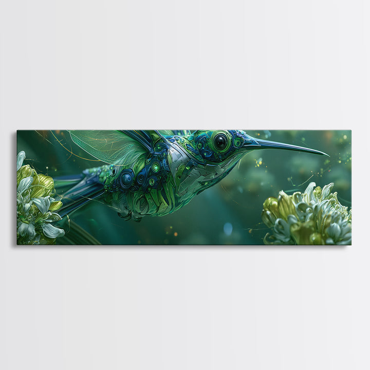 Mechanical Hummingbird Hovering Near Flower Framed Canvas Print, Steampunk Art, Neutral Decor, Living Room Decor, Oil Painting, STE-3x1-73