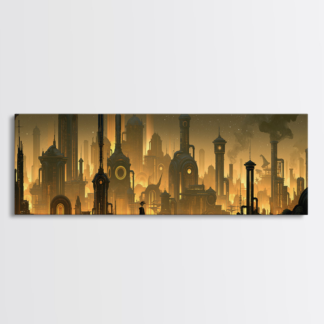 Steam Powered City Skyline Canvas Print, Steampunk Art, Dark Art, Living Room Decor, Abstract Art, Mechanic, Minimalist Decor, STE-3x1-85