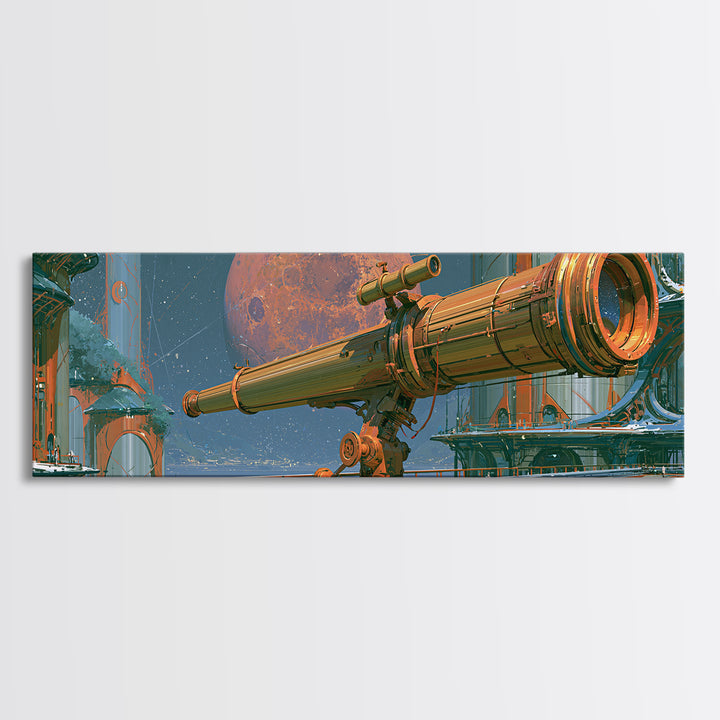 Brass Telescope Aimed at Copper Moon Canvas Print, Steampunk Art, Wall Art, Living Room Decor, Oil Painting, Mechanic, STE-3x1-88