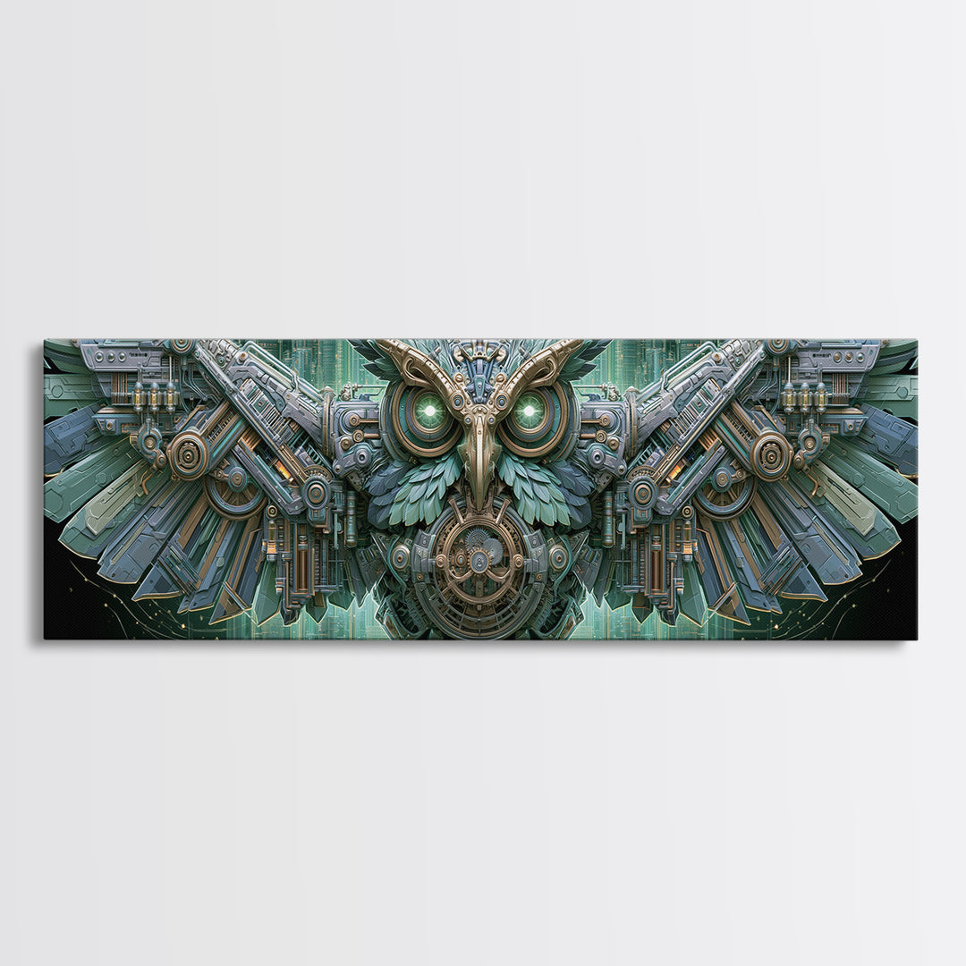 Brass Clockwork Owl Framed Canvas Print, Steampunk Art, Boho Decor, Living Room Decor, Oil Painting, Mechanic, Art Print, STE-3x1-89