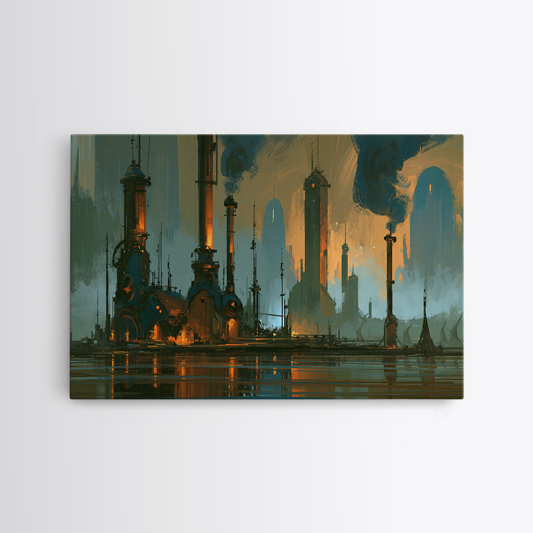 Steam Powered City Skyline Canvas Print, Steampunk Art, Wall Art Living Room, Living Room Decor, Abstract Art, Mechanic, STE-3x2-1