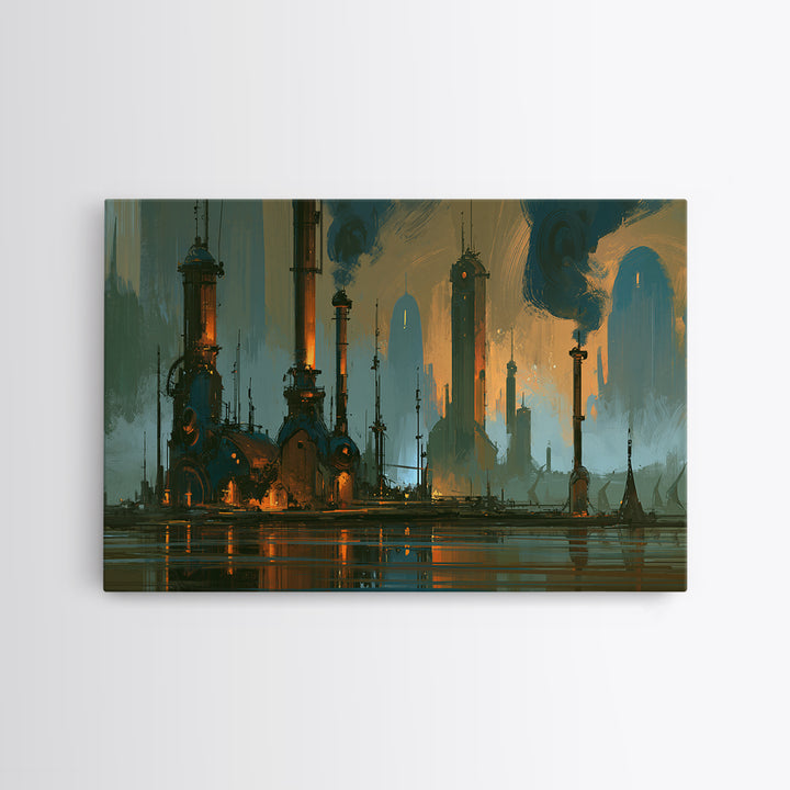 Steam Powered City Skyline Canvas Print, Steampunk Art, Wall Art Living Room, Living Room Decor, Abstract Art, Mechanic, STE-3x2-1