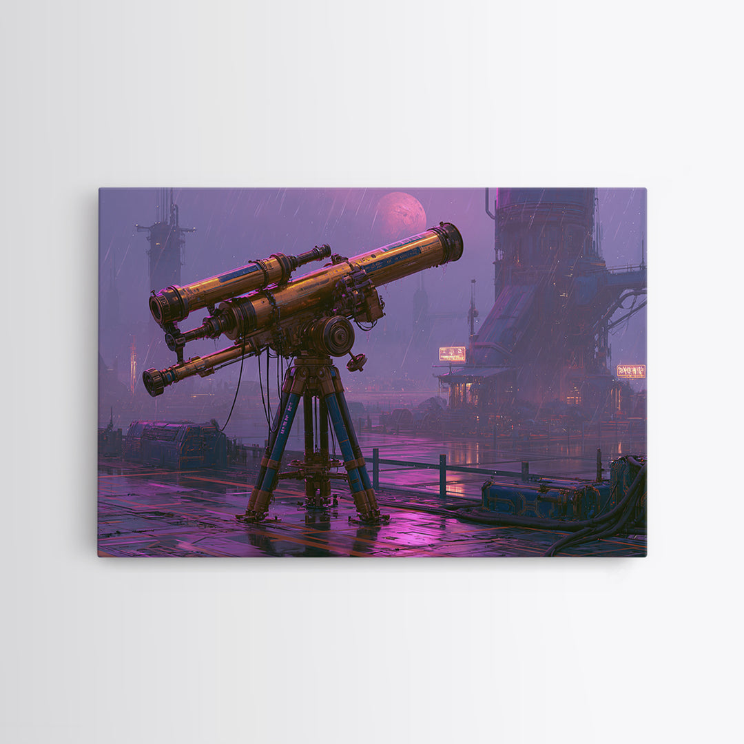 Brass Telescope Aimed at Copper Moon Framed Canvas Print, Steampunk Art, Wall Art, Living Room Decor, Oil Painting, Mechanic, STE-3x2-100