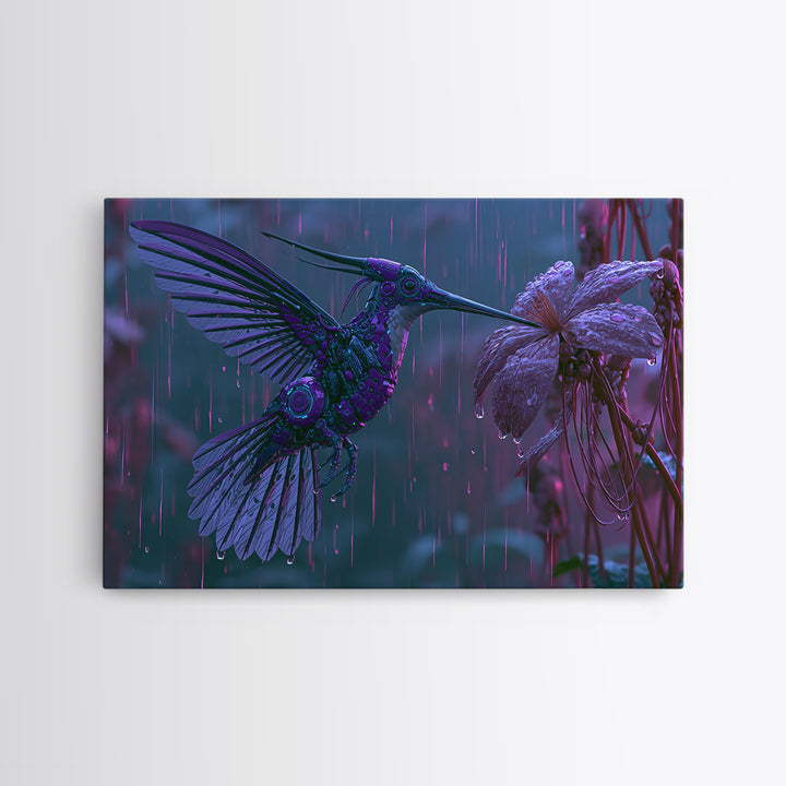 Mechanical Hummingbird Hovering Near Flower Canvas Print, Steampunk Art, Digital Download Art, Living Room Decor, Mechanic, STE-3x2-13