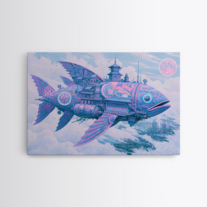 Mechanical Fish Swimming Through Clouds Framed Canvas Print, Steampunk Art, Art Nouveau, Living Room Decor, Fine Art, Mechanic, STE-3x2-2