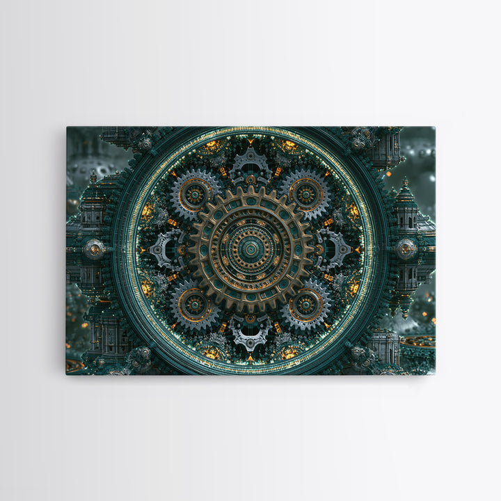 Cogwheel Mandala in Bronze and Teal Framed Canvas Print, Steampunk Art, Gothic Art, Living Room Decor, Fine Art, Mechanic, STE-3x2-20