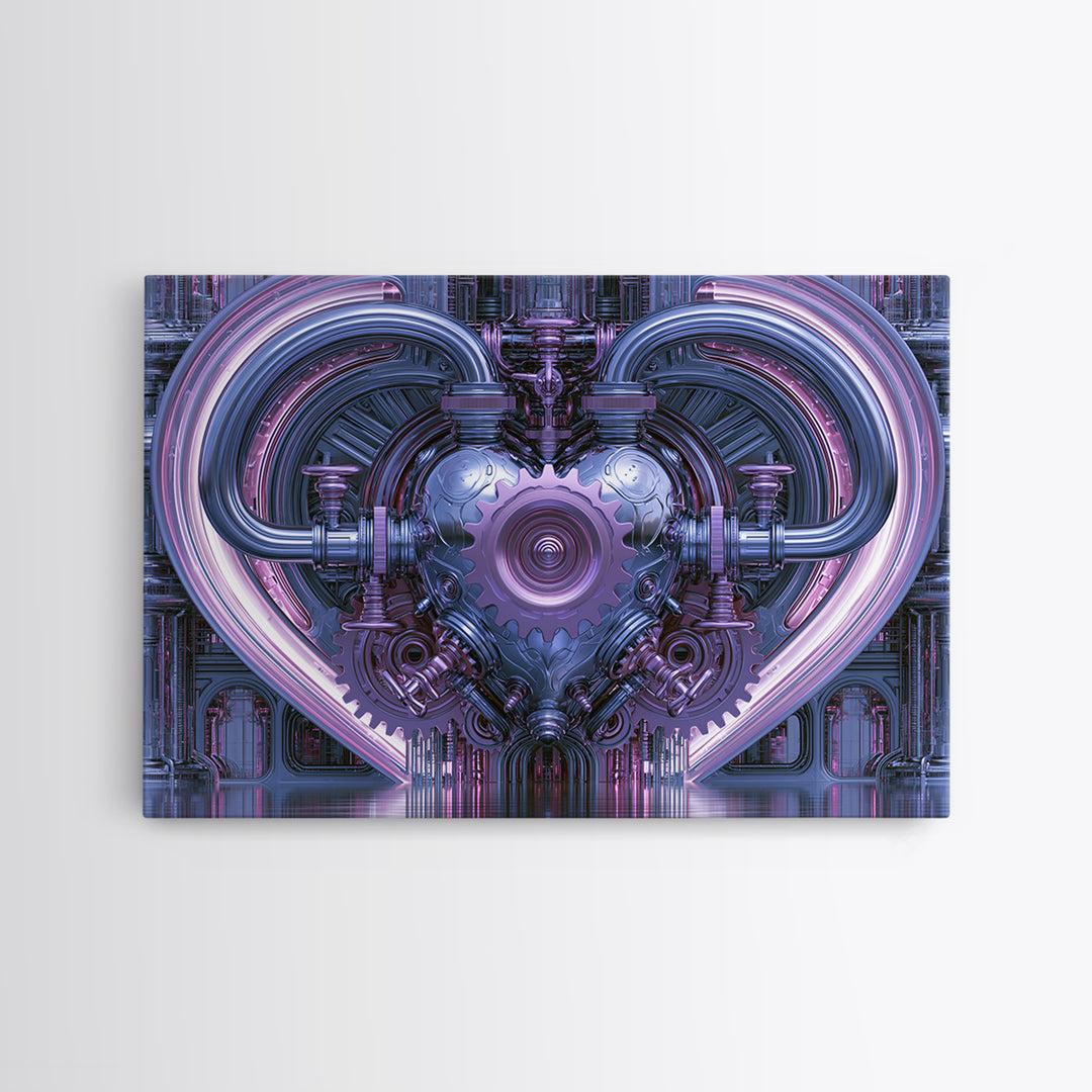 Gear Heart with Pipes and Valves Framed Canvas Print, Steampunk Art, Retro Decor, Living Room Decor, Fine Art, Mechanic, STE-3x2-24