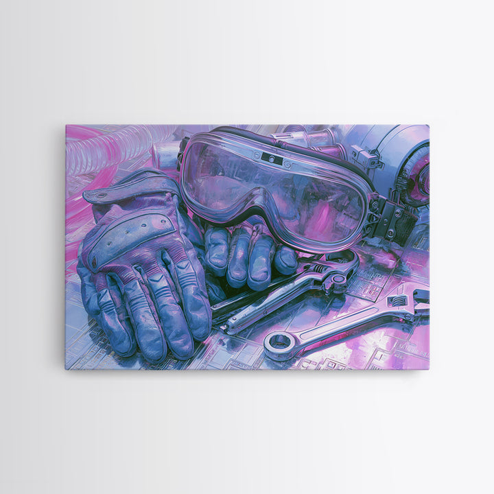 Goggles Gloves and Wrench Still Life Framed Canvas Print, Steampunk Art, Gallery Decor, Living Room Decor, Fine Art, Mechanic, STE-3x2-27