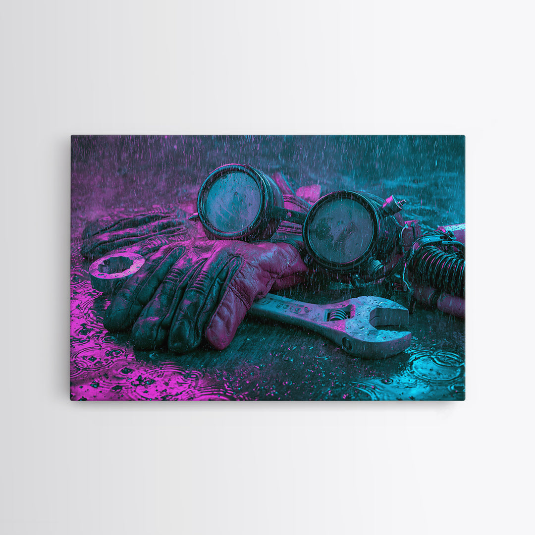 Goggles Gloves and Wrench Still Life Canvas Print, Steampunk Art, Retro Decor, Living Room Decor, Fine Art, Mechanic, STE-3x2-3