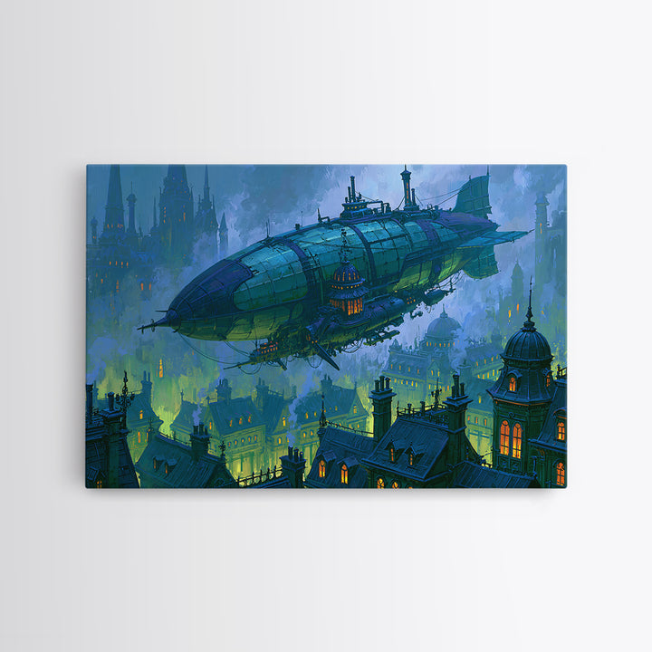 Airship Floating Above Victorian City Roofs Canvas Print, Steampunk Art, Modern Art, Living Room Decor, Fine Art, Mechanic, STE-3x2-30