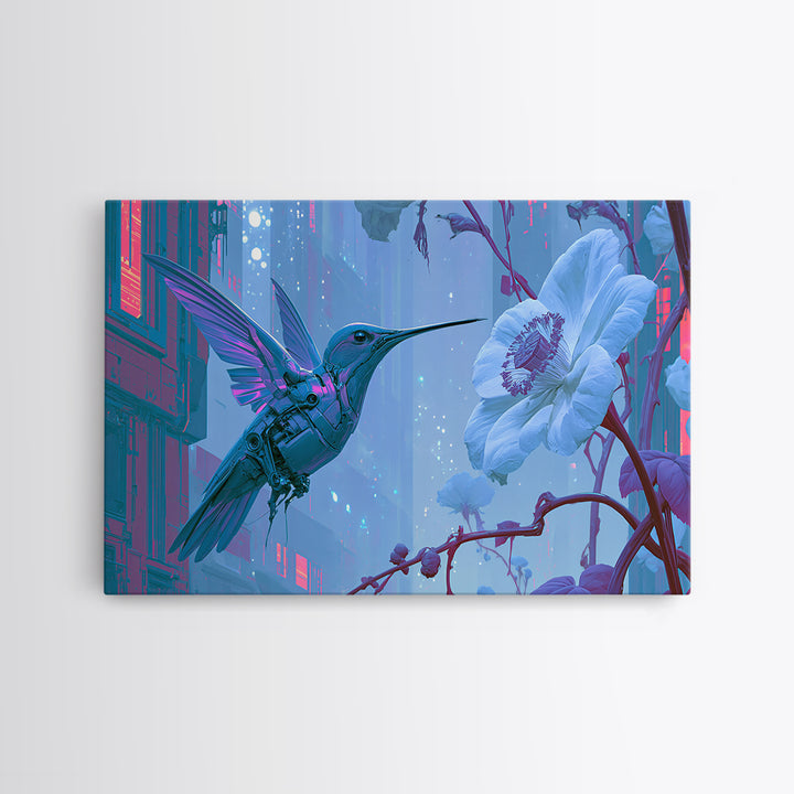 Mechanical Hummingbird Hovering Near Flower Canvas Print, Steampunk Art, Dark Art, Living Room Decor, Watercolor Art, Mechanic, STE-3x2-37