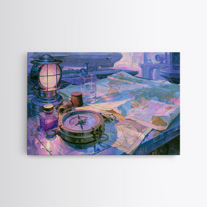 Airship Captain Map and Compass Still Life Canvas Print, Steampunk Art, Wall Art Living Room, Living Room Decor, Mechanic, STE-3x2-46