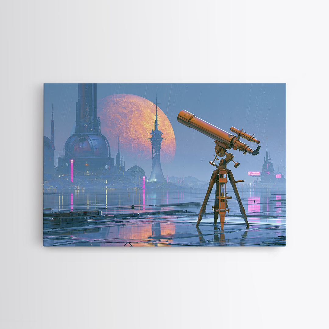 Brass Telescope Aimed at Copper Moon Canvas Print, Steampunk Art, Steampunk Lamp, Living Room Decor, Abstract Art, Mechanic, STE-3x2-52