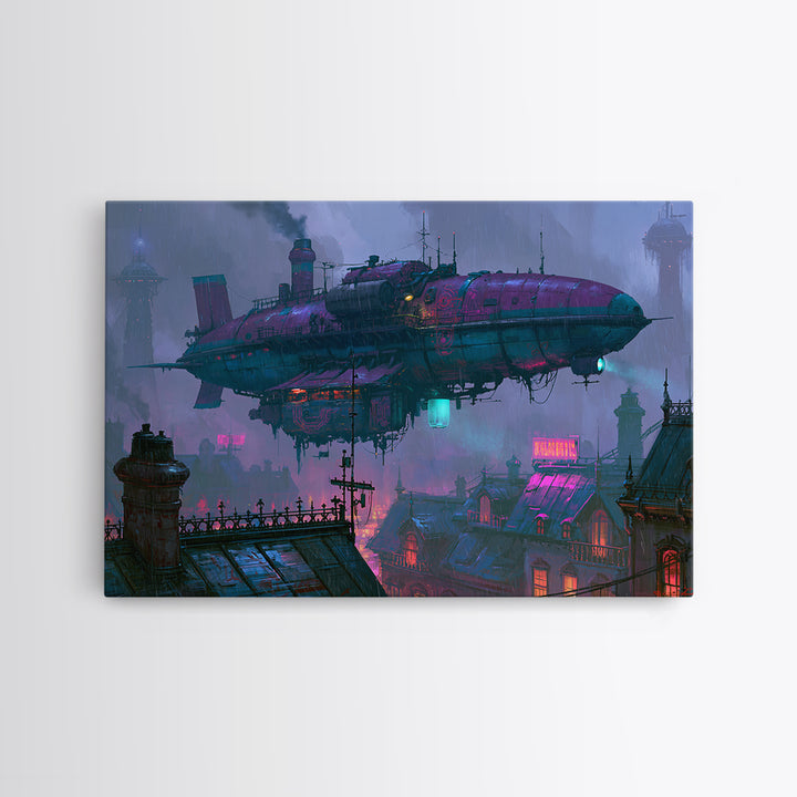 Airship Floating Above Victorian City Roofs Canvas Print, Steampunk Art, Modern Art, Living Room Decor, Fine Art, Mechanic, STE-3x2-54