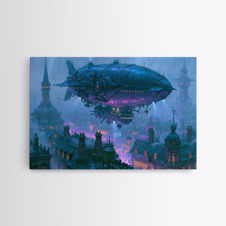 Airship Floating Above Victorian City Roofs Framed Canvas Print, Steampunk Art, Boho Wall Art, Living Room Decor, Mechanic, STE-3x2-6