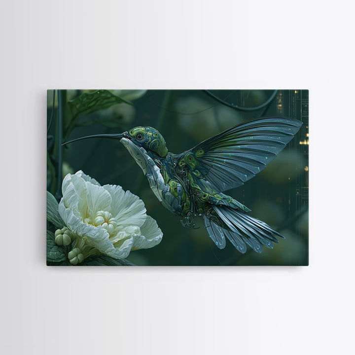 Mechanical Hummingbird Hovering Near Flower Canvas Print, Steampunk Art, Dark Art, Living Room Decor, Watercolor Art, Mechanic, STE-3x2-61