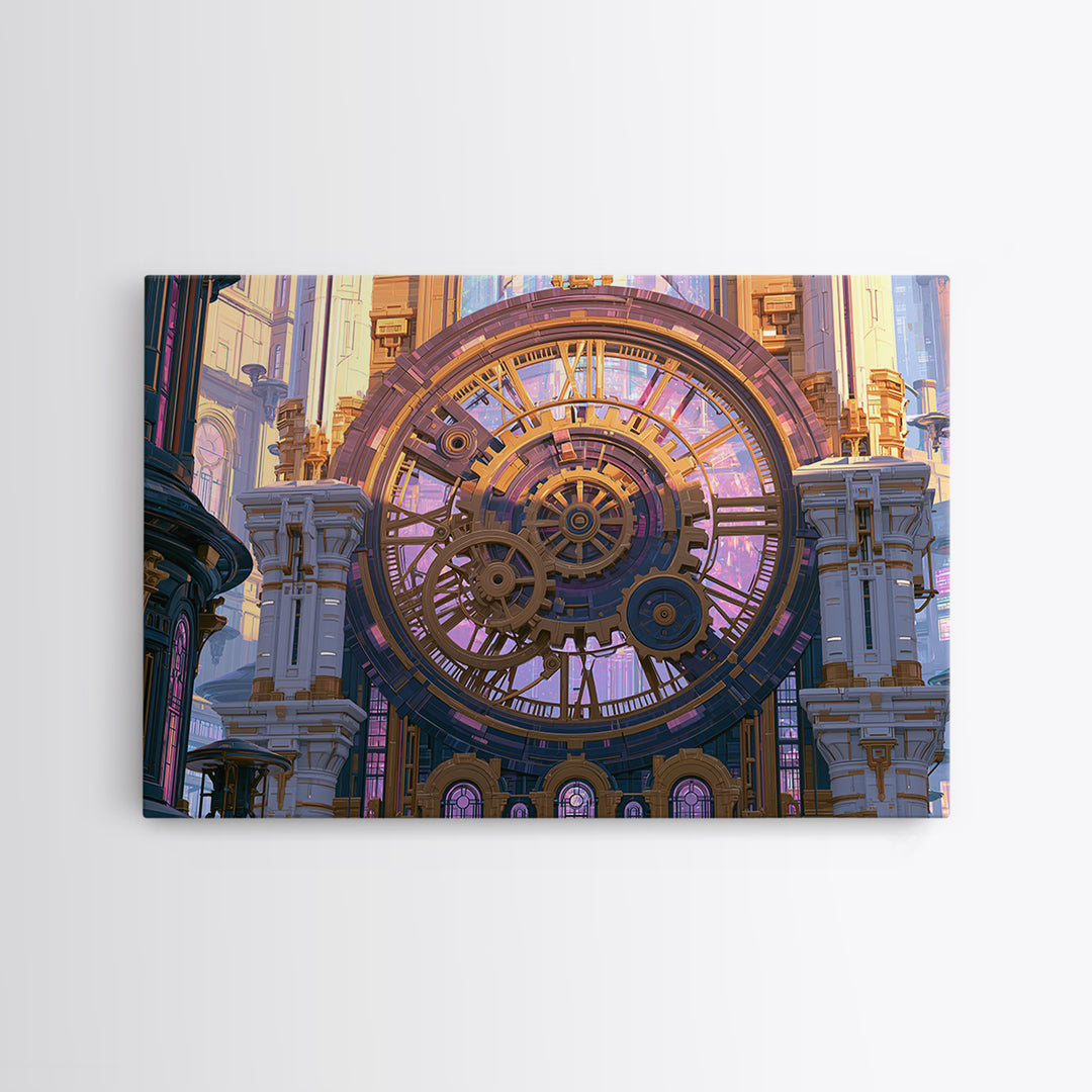 Clock Tower Gears Framed Canvas Print, Steampunk Art, Abstract Art Print, Living Room Decor, Watercolor Art, Mechanic, STE-3x2-65