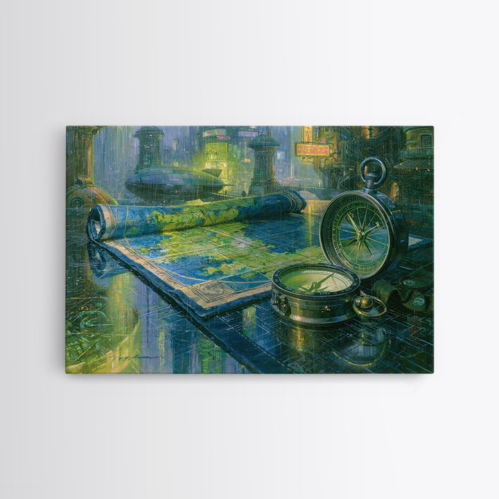 Airship Captain Map and Compass Still Life Canvas Print, Steampunk Art, Wall Art Living Room, Living Room Decor, Mechanic, STE-3x2-70