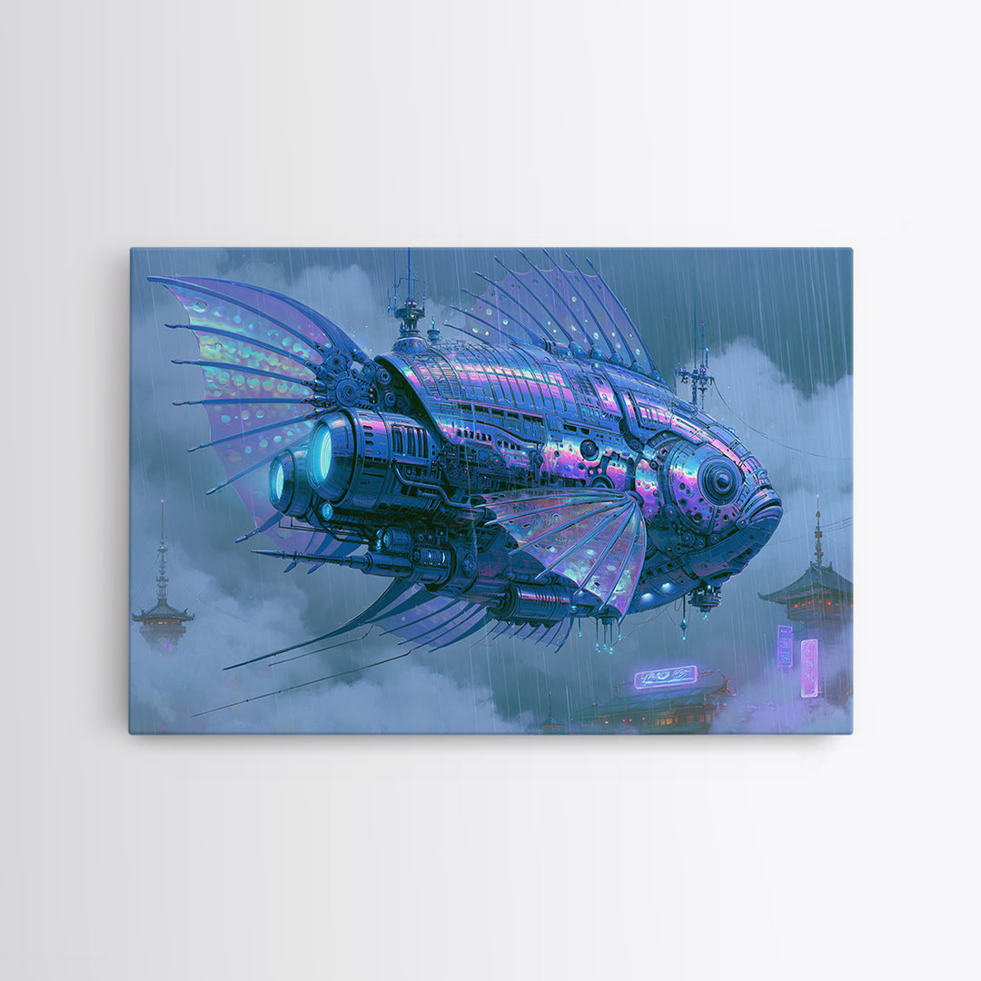 Mechanical Fish Swimming Through Clouds Framed Canvas Print, Steampunk Art, Cat Art, Living Room Decor, Oil Painting, Mechanic, STE-3x2-74