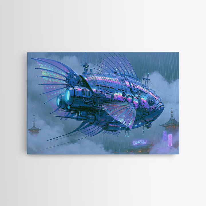 Mechanical Fish Swimming Through Clouds Framed Canvas Print, Steampunk Art, Cat Art, Living Room Decor, Oil Painting, Mechanic, STE-3x2-74