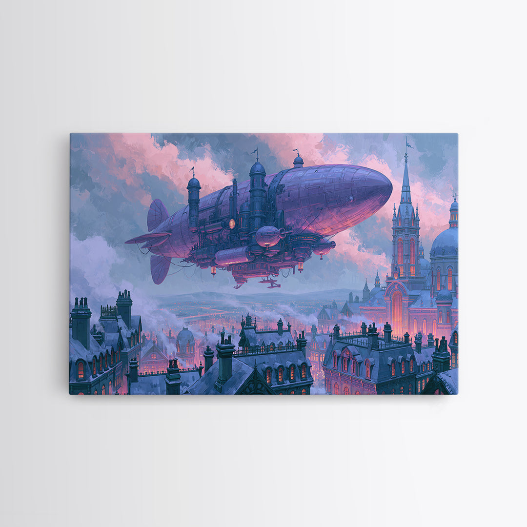 Airship Floating Above Victorian City Roofs Framed Canvas Print, Steampunk Art, Man Cave Decor, Living Room Decor, Mechanic, STE-3x2-78