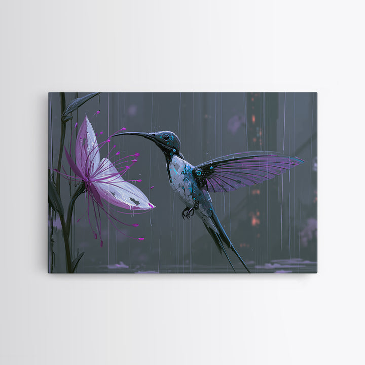 Mechanical Hummingbird Hovering Near Flower Framed Canvas Print, Steampunk Art, Statement Artwork, Living Room Decor, Mechanic, STE-3x2-85