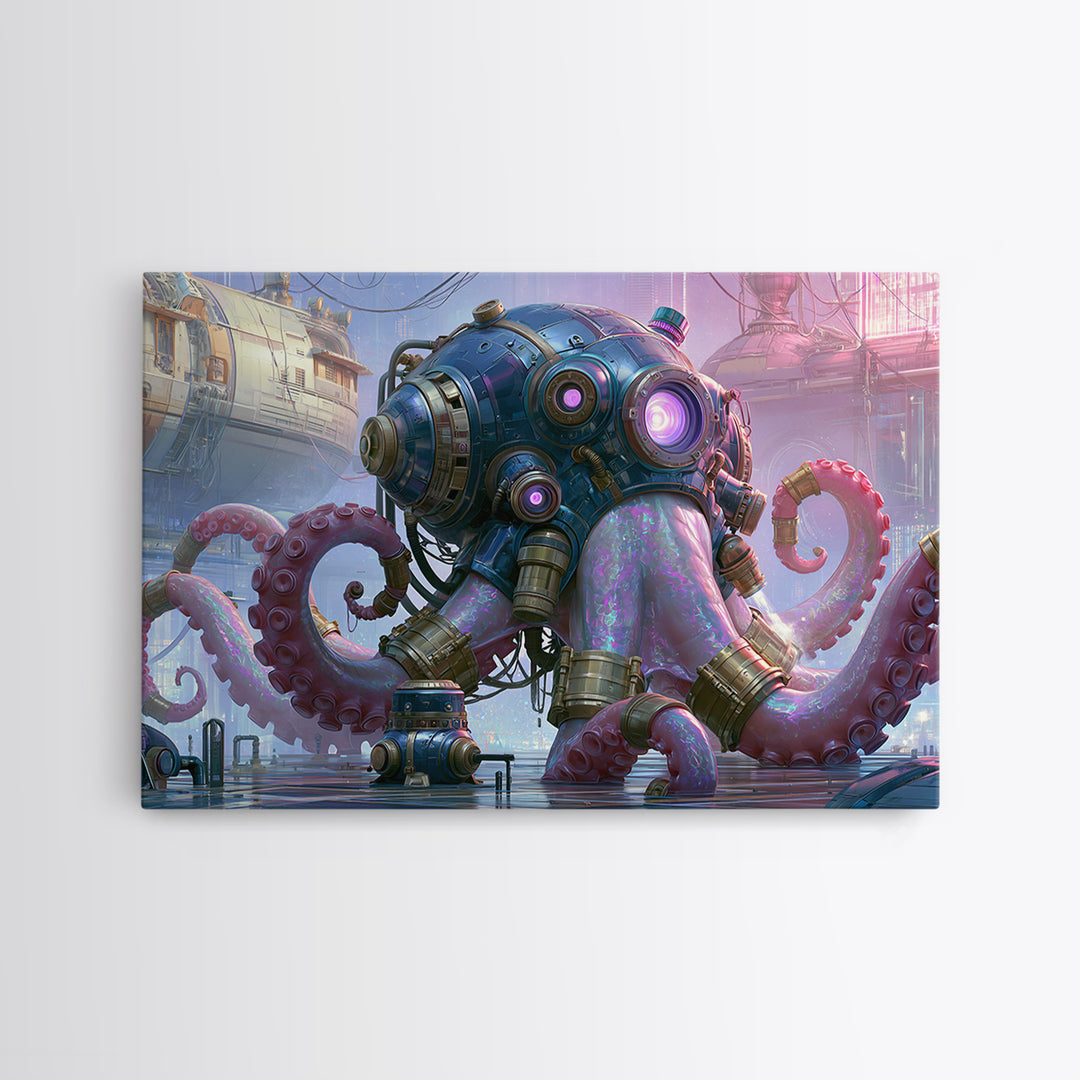 Steampunk Octopus with Brass Tentacles Framed Canvas Print, Steampunk Art, Modern Art, Living Room Decor, Fine Art, Mechanic, STE-3x2-9