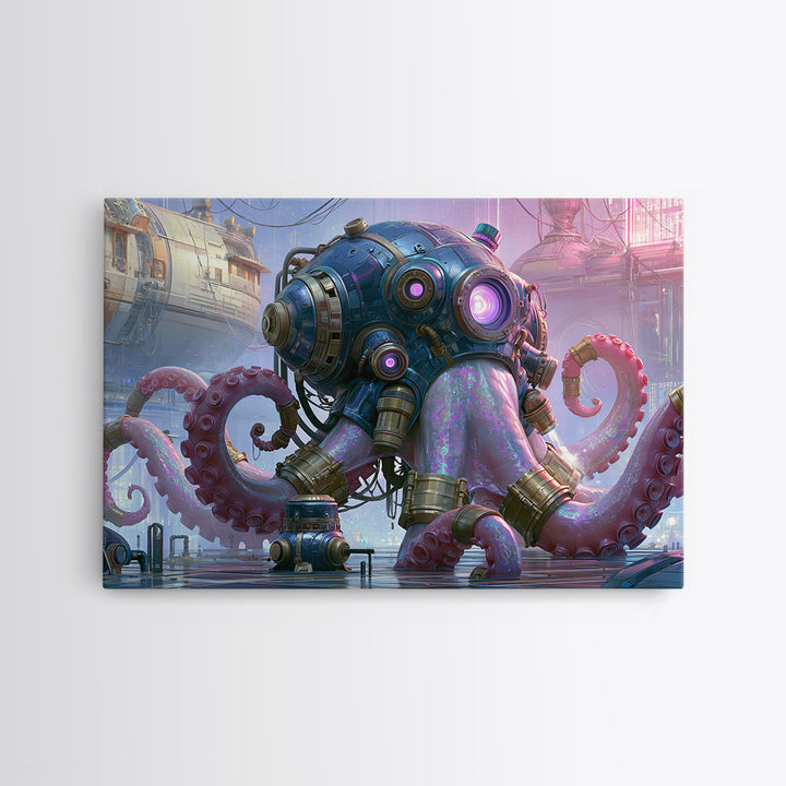 Steampunk Octopus with Brass Tentacles Framed Canvas Print, Steampunk Art, Modern Art, Living Room Decor, Fine Art, Mechanic, STE-3x2-9