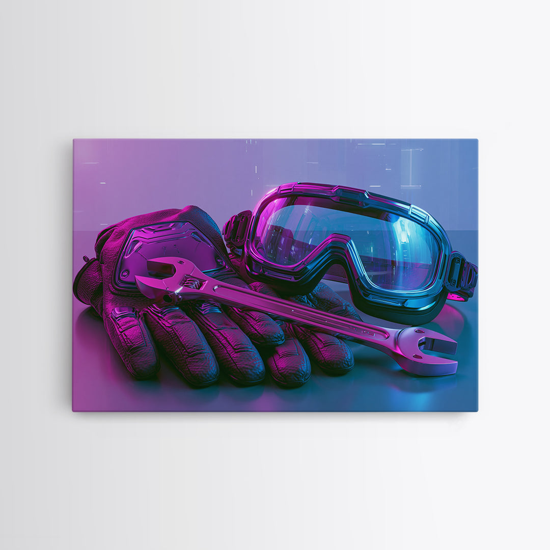 Goggles Gloves and Wrench Still Life Framed Canvas Print, Steampunk Art, Abstract Art, Living Room Decor, Fine Art, Mechanic, STE-3x2-99