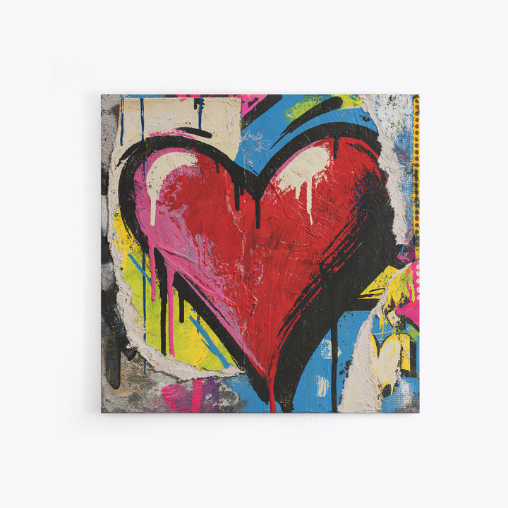 Neon Heart with Rough Drips Framed Canvas Print, Street Art, Abstract Art, Living Room Decor, Fine Art, Urban, Anime Art, STR-1x1-11