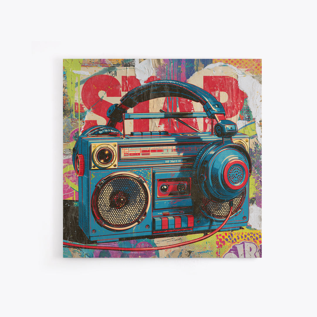 Boombox and Headphones Framed Canvas Print, Street Art, Textured Painting, Living Room Decor, Abstract Art, Urban, STR-1x1-33