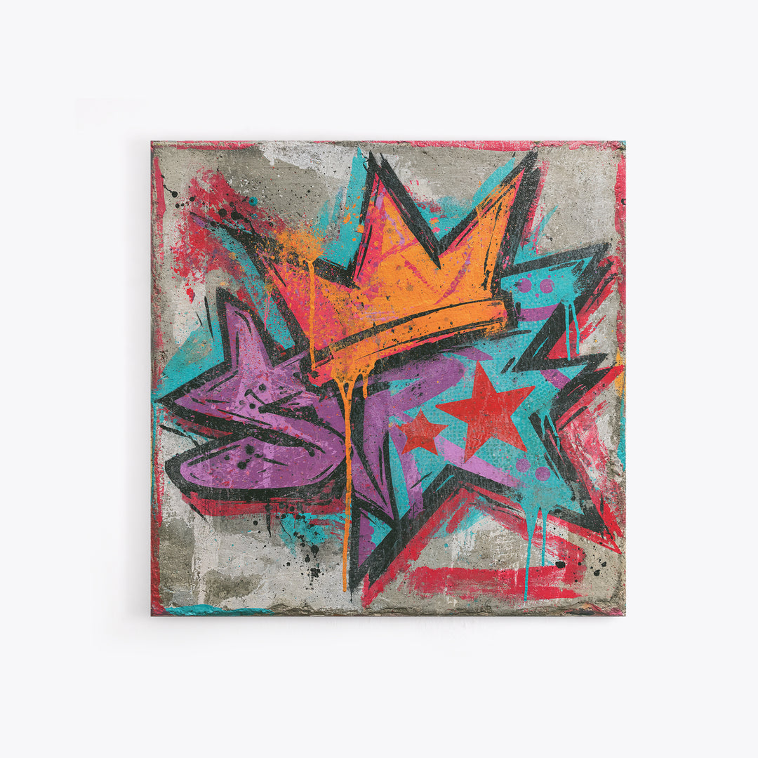 Drippy Crown and Stars Composition Framed Canvas Print, Street Art, Artwork, Living Room Decor, Fine Art, Urban, Pop Art, STR-1x1-44