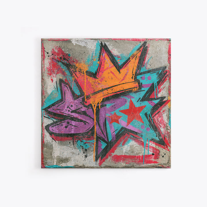 Drippy Crown and Stars Composition Framed Canvas Print, Street Art, Artwork, Living Room Decor, Fine Art, Urban, Pop Art, STR-1x1-44