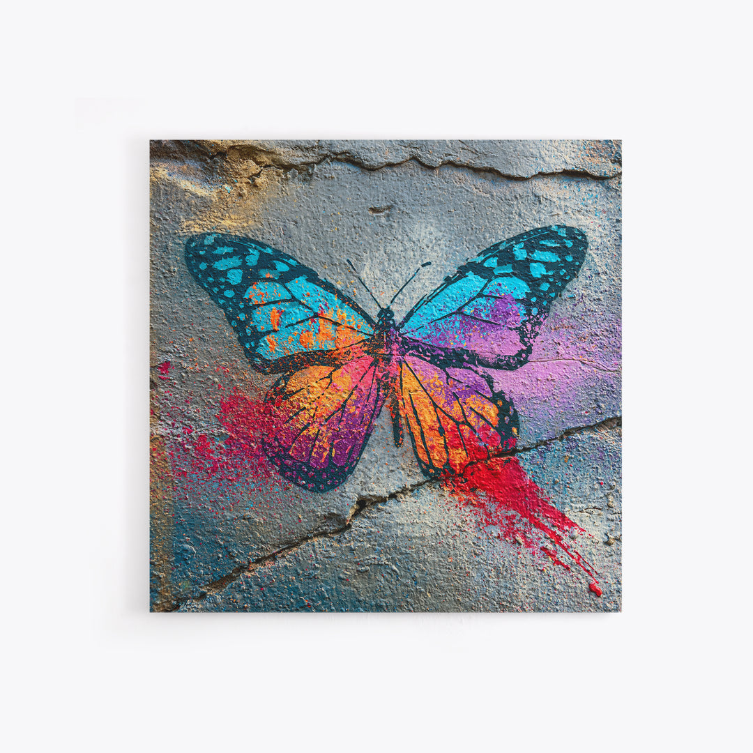 Spray Painted Butterfly on Cracked Concrete Framed Canvas Print, Street Art, Modern Wall Art, Living Room Decor, Urban, STR-1x1-47