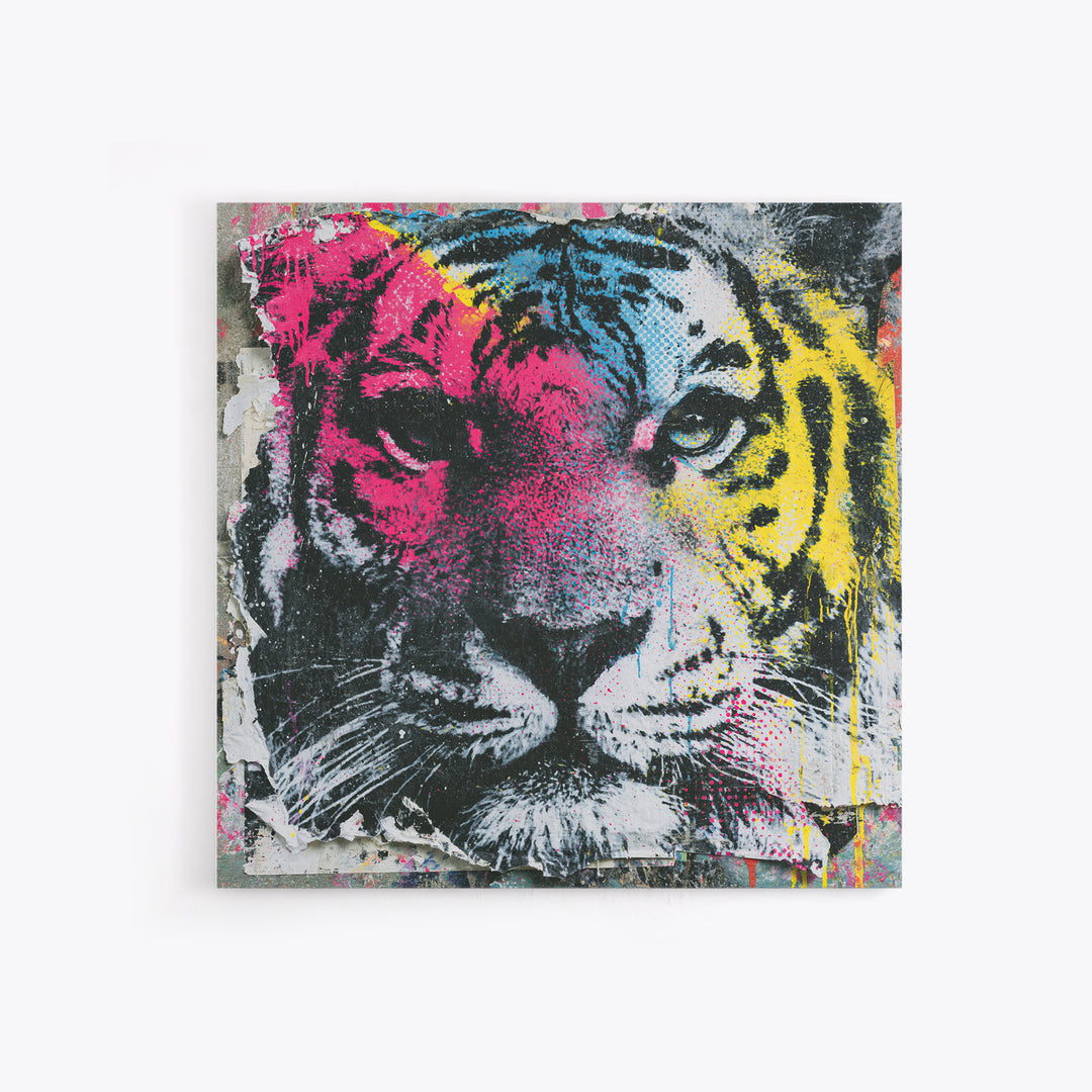 Spray Painted Tiger Face Framed Canvas Print, Street Art, Artwork, Living Room Decor, Fine Art, Urban, Pop Art, Banksy Wall Art, STR-1x1-56