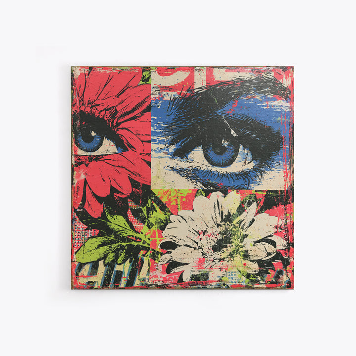Paste Up Collage of Flowers and Eyes Framed Canvas Print, Street Art, Graffiti Art, Living Room Decor, Fine Art, Urban, STR-1x1-58